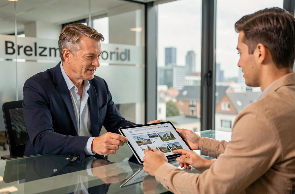 Agent immobilier belge présentant des biens disponibles sur tablette à un client dans une agence moderne