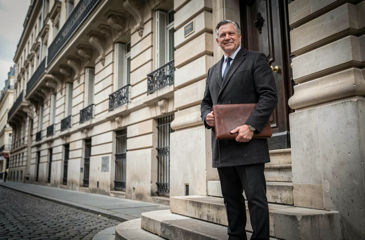 Agent immobilier devant un immeuble haussmannien parisien avec balcons en fer forgé et façade en pierre