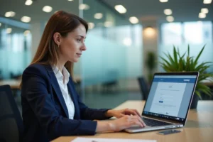 Agente municipale connectée à son compte Intraparis sur un ordinateur portable dans un bureau de la ville de Paris