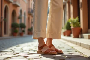 Femme portant des sandales anatomiques à semelle en liège sur un pavé européen, alternative confortable aux sandales Birkenstock
