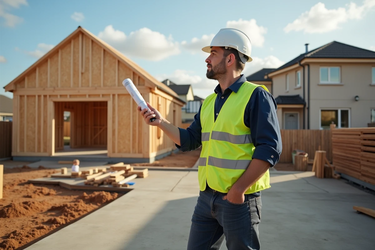 Architecte sur un chantier de construction de maison individuelle tenant des plans devant la structure en bois