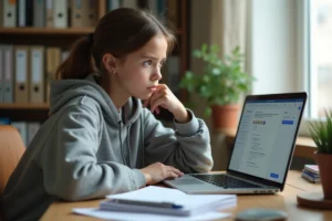 Adolescente assise à un bureau regardant son ordinateur avec des documents de cours du CNED, expression pensive, ambiance studieuse à domicile