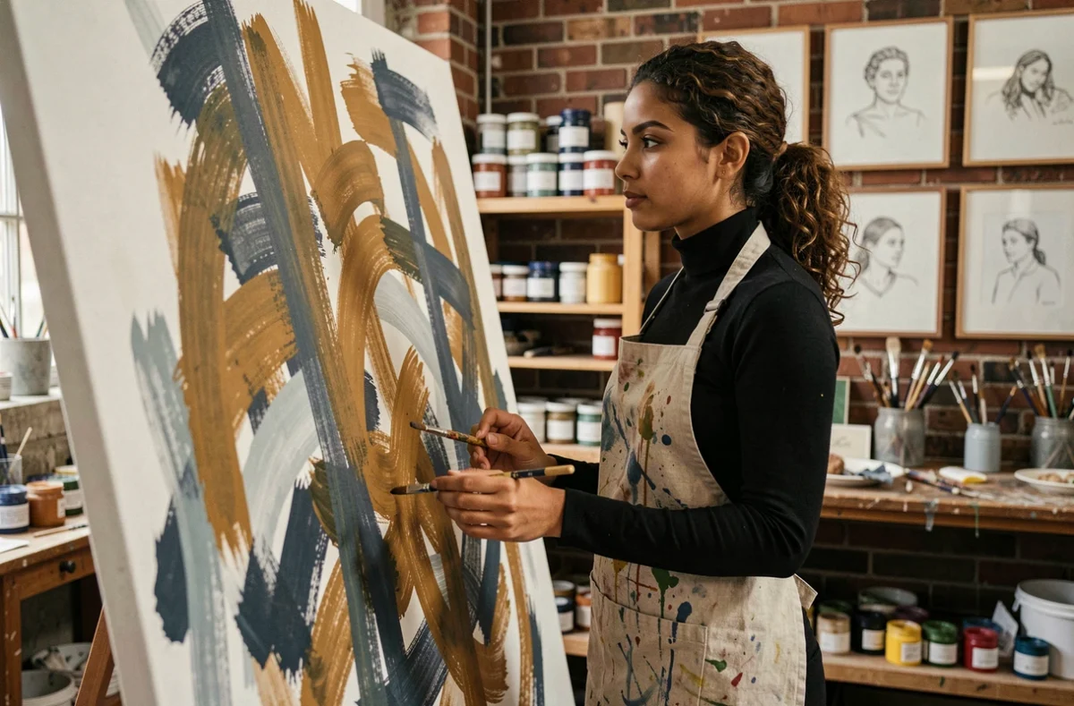 Artiste multitalentueuse devant une grande toile abstraite dans son atelier de peinture