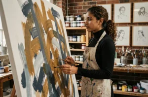 Artiste multitalentueuse devant une grande toile abstraite dans son atelier de peinture