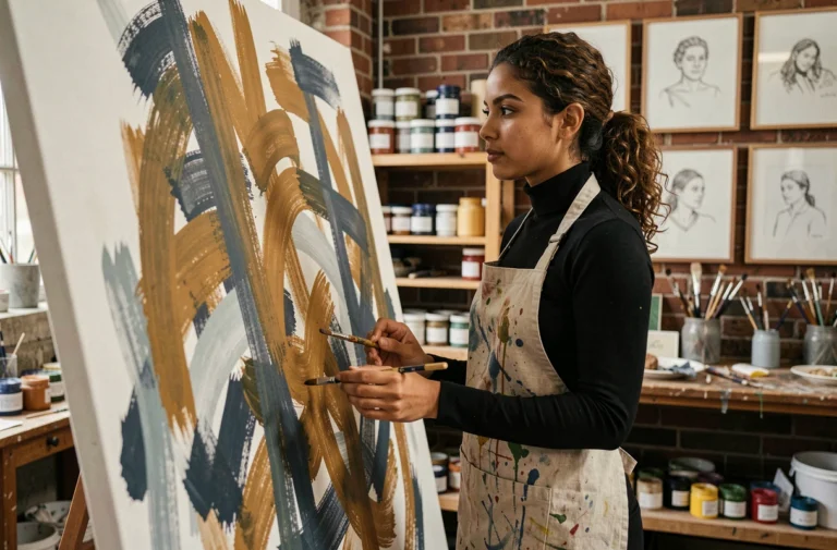 Artiste multitalentueuse devant une grande toile abstraite dans son atelier de peinture