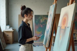 Femme en studio contemplant une peinture abstraite