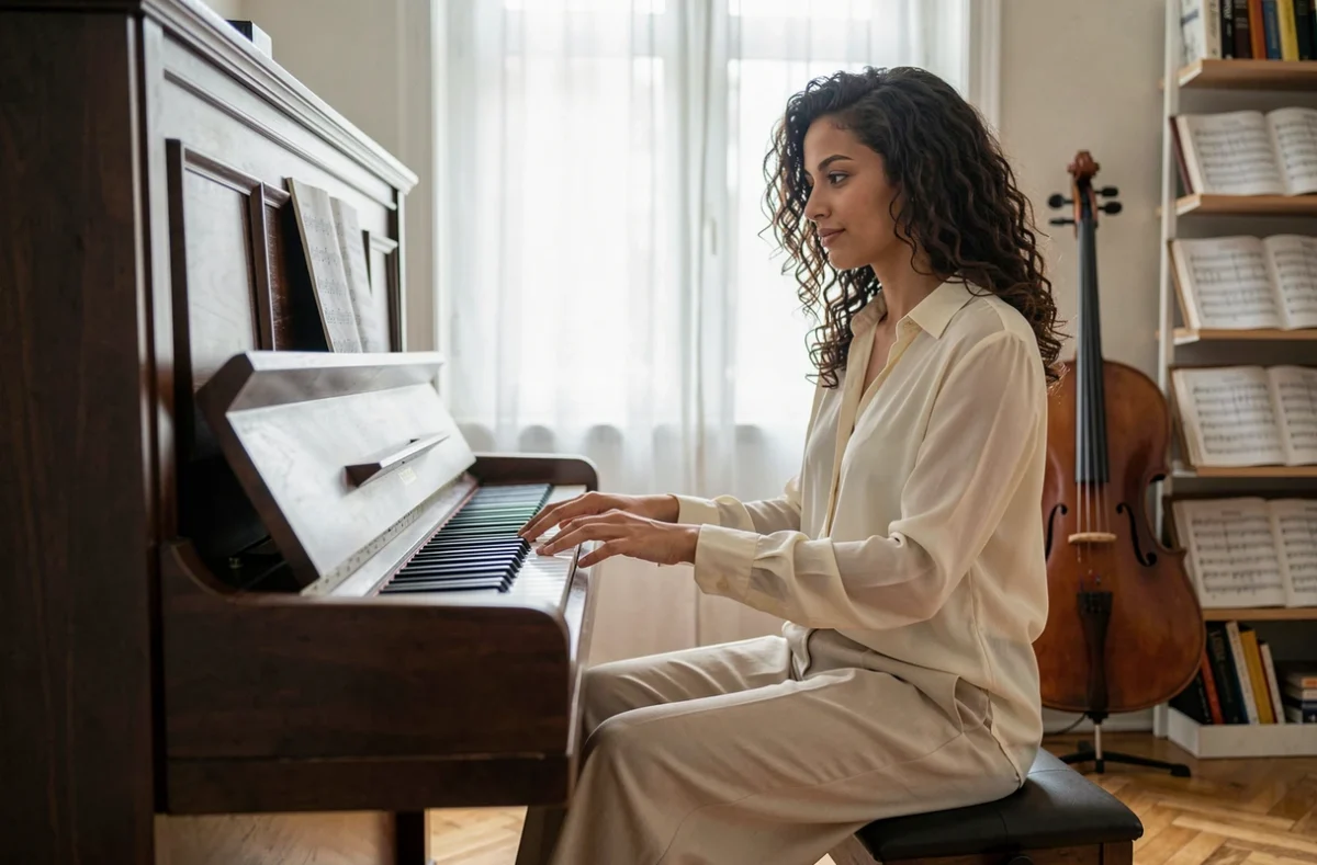 Jeune artiste inspirante jouant du piano dans une salle de musique élégante et lumineuse
