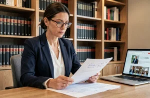 Avocate spécialisée en droit d'auteur examinant des documents juridiques dans un bureau moderne pour protéger une activité créative