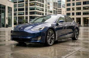 Berline électrique moderne garée sur une place urbaine sous la pluie, reflets de la ville sur la carrosserie bleu nuit