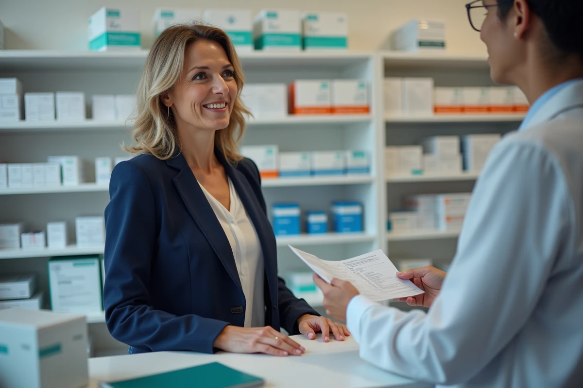Femme consultant un pharmacien à propos des interactions entre bêta-bloquants et alcool dans une pharmacie