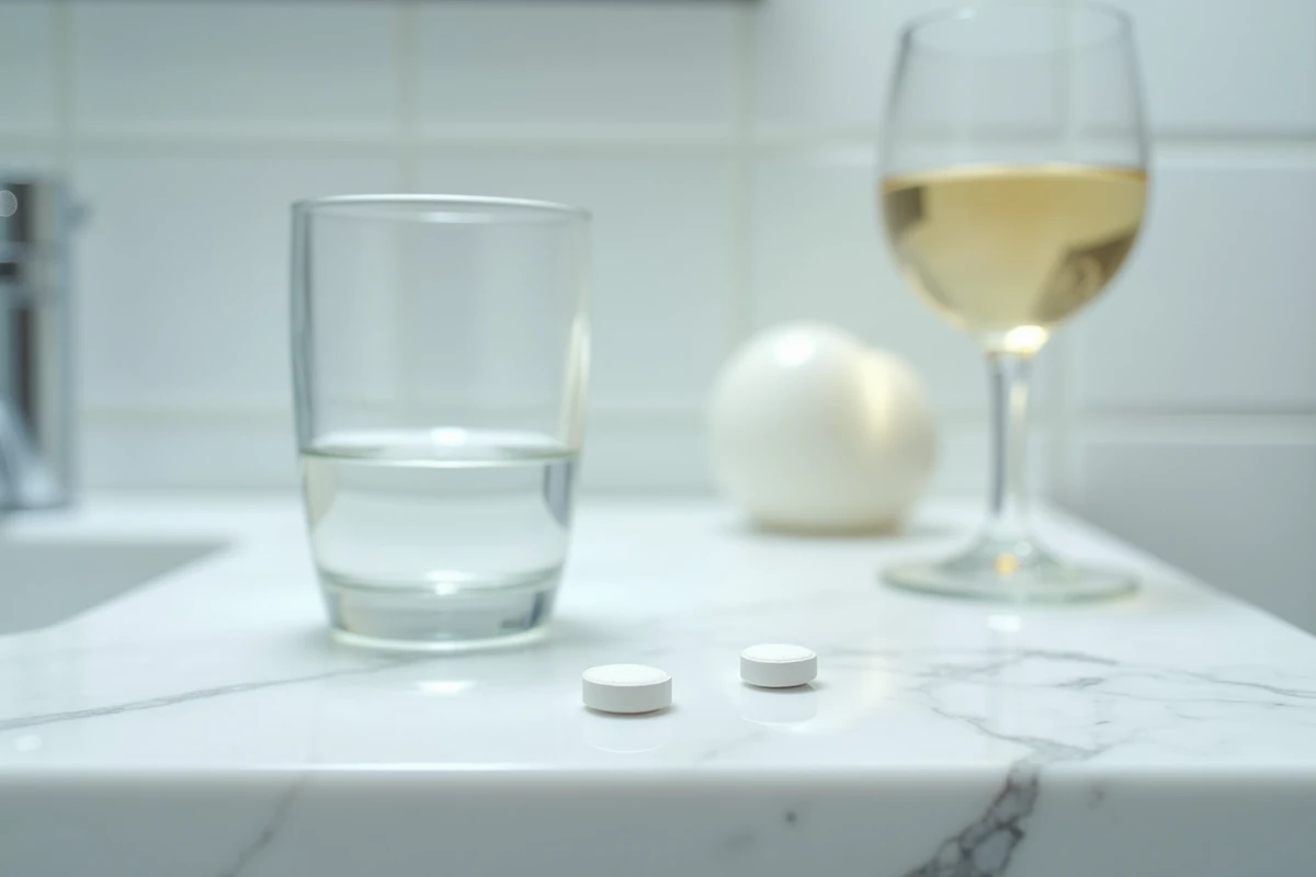 Gros plan sur des comprimés bêta-bloquants et un verre de vin sur une étagère de salle de bain illustrant les risques de mélange médicaments et alcool