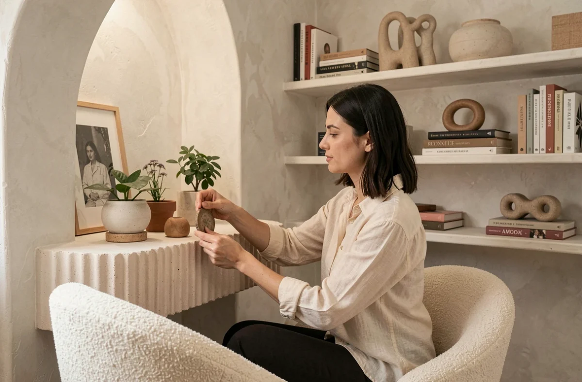 Femme aménageant une étagère décorative dans un bureau à domicile au style contemporain avec des détails architecturaux élégants