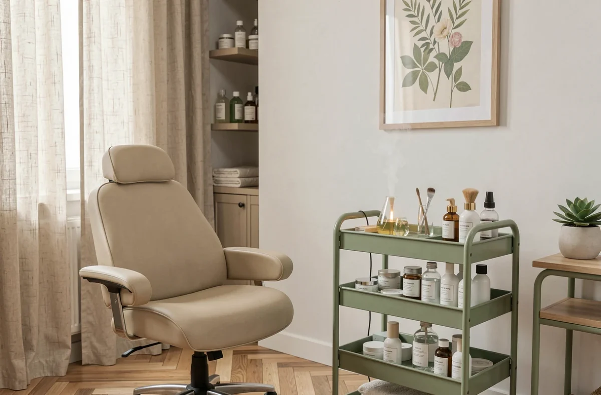 Cabine de soin vide et soigneusement équipée dans un institut de beauté moderne avec décor naturel et produits organisés