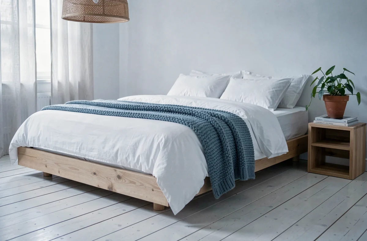 Chambre minimaliste de style scandinave avec literie blanche et accessoires en laine bleue pour une décoration intérieure apaisante et tendance