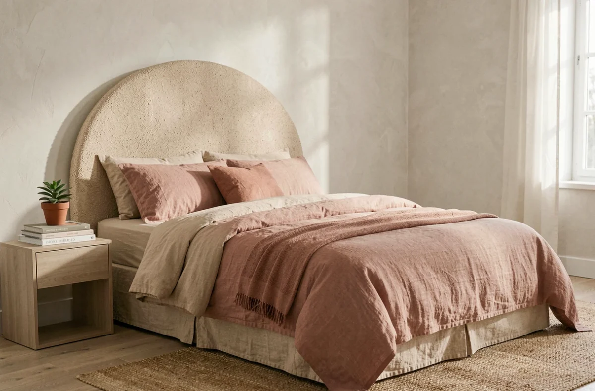 Chambre cosy avec tête de lit arquée en bouclé, literie en lin sable et rose poudré, plante terracotta sur table de chevet, inspiration déco Cherry Déco