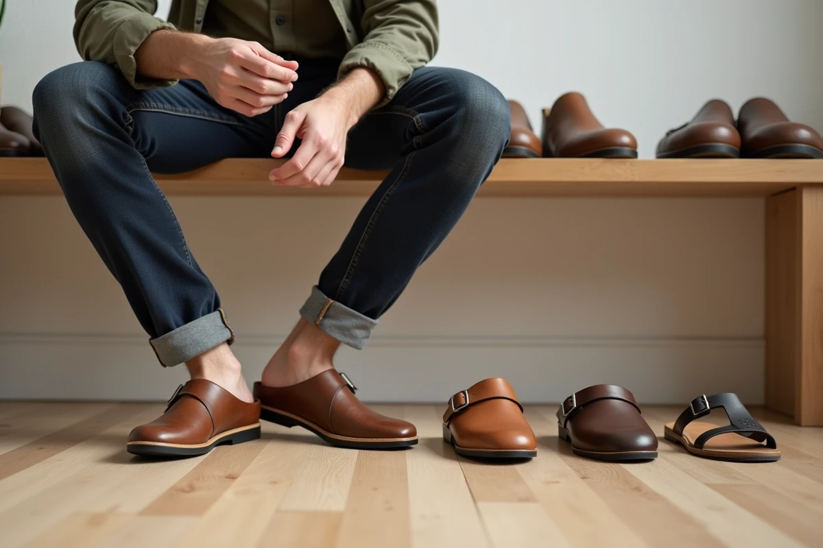 Homme comparant plusieurs modèles de sandales ergonomiques et sabots en cuir, guide des meilleures alternatives à Birkenstock 2025