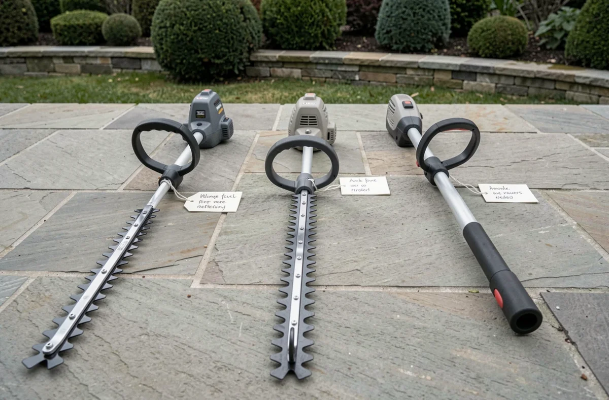 Comparaison de trois modèles de taille-haies télescopiques posés côte à côte sur une terrasse en pierre dans un jardin