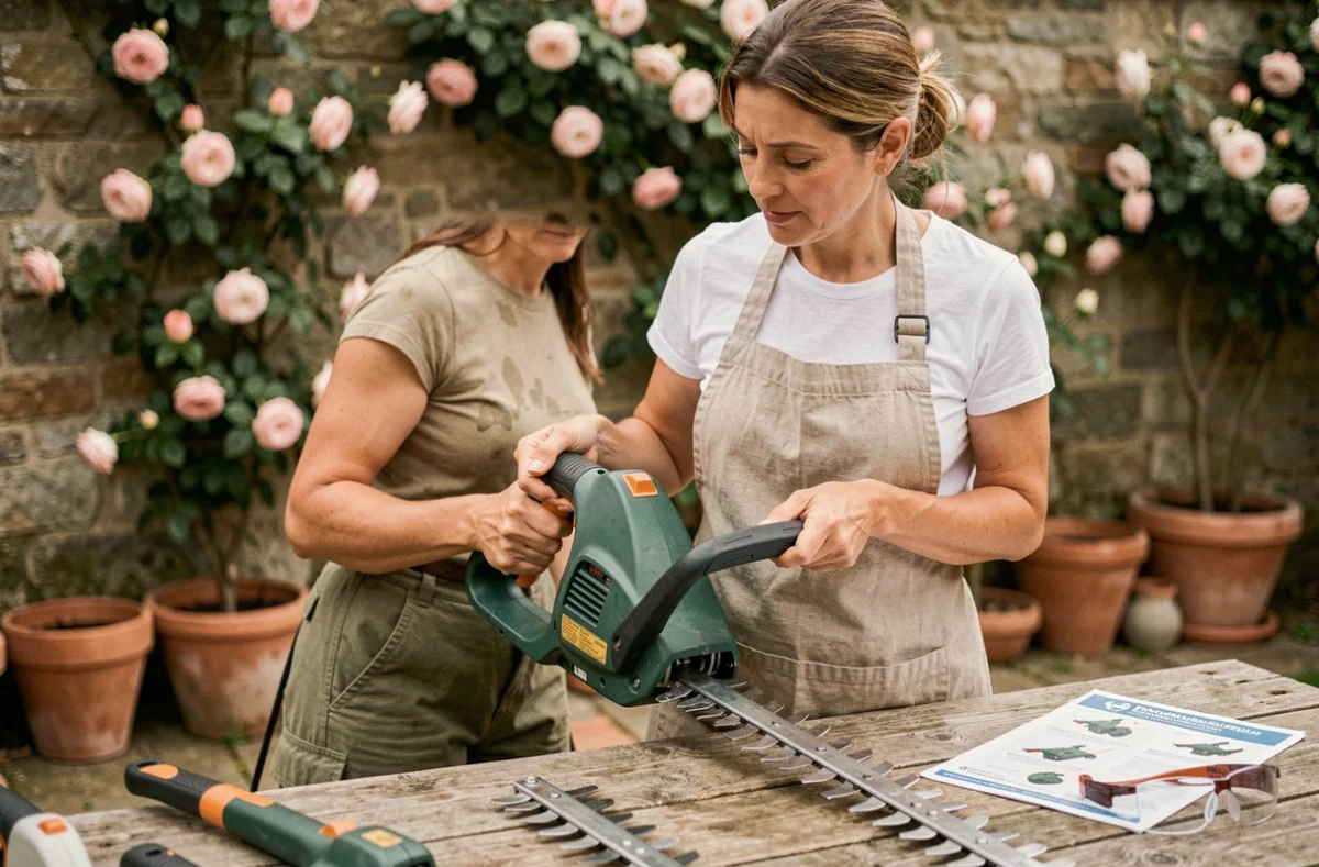 Femme comparant des modèles de taille-haie électriques sans fil sur un établi de jardin en bois