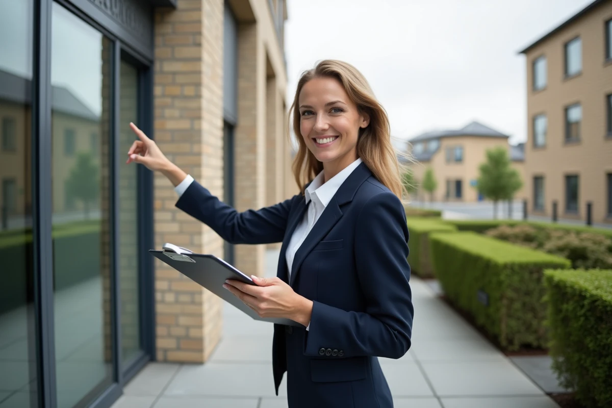 Conseillère en investissement immobilier devant un immeuble neuf éligible au dispositif Pinel