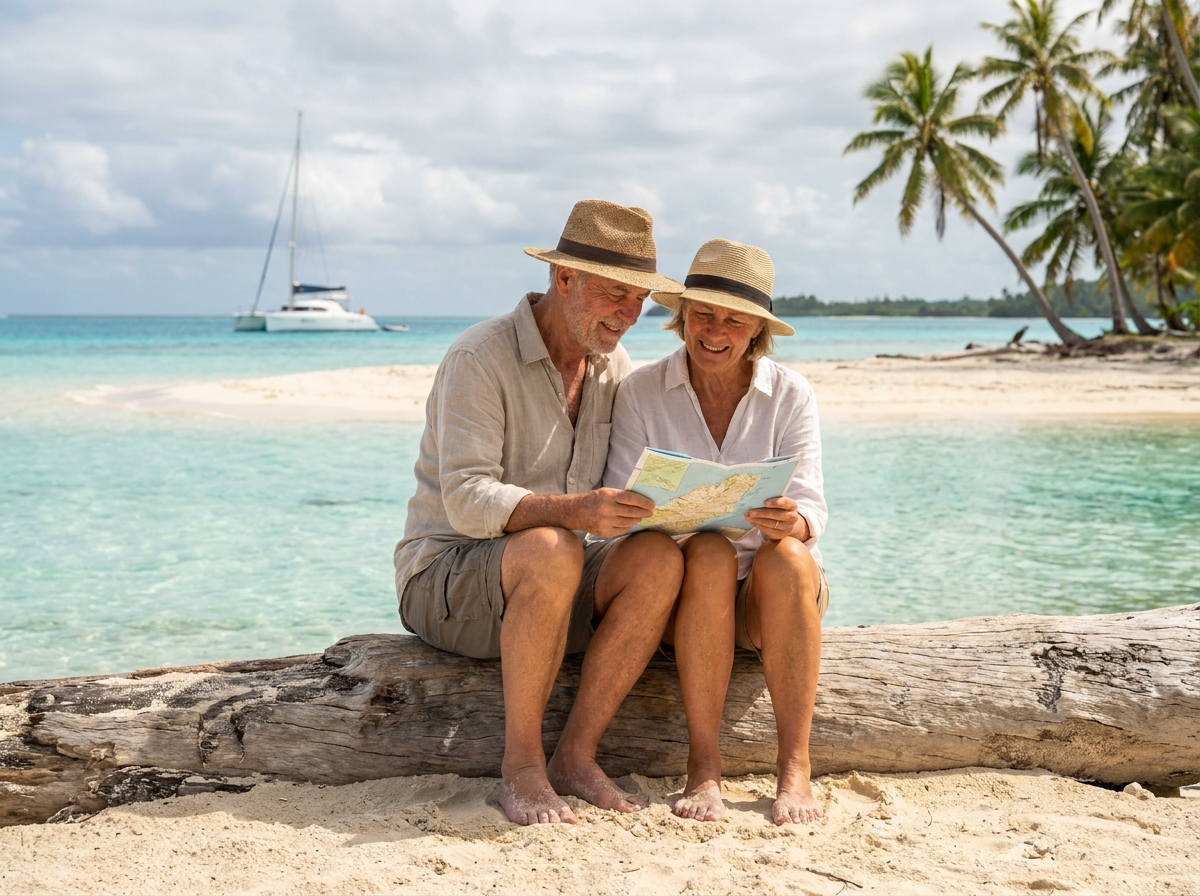 Couple âgé sur la plage en Polynesie française