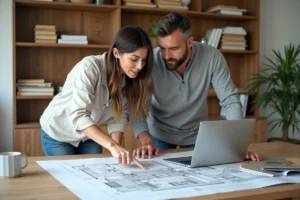 Couple étudiant des plans architecturaux pour leur projet de construction de maison sur une table en bois