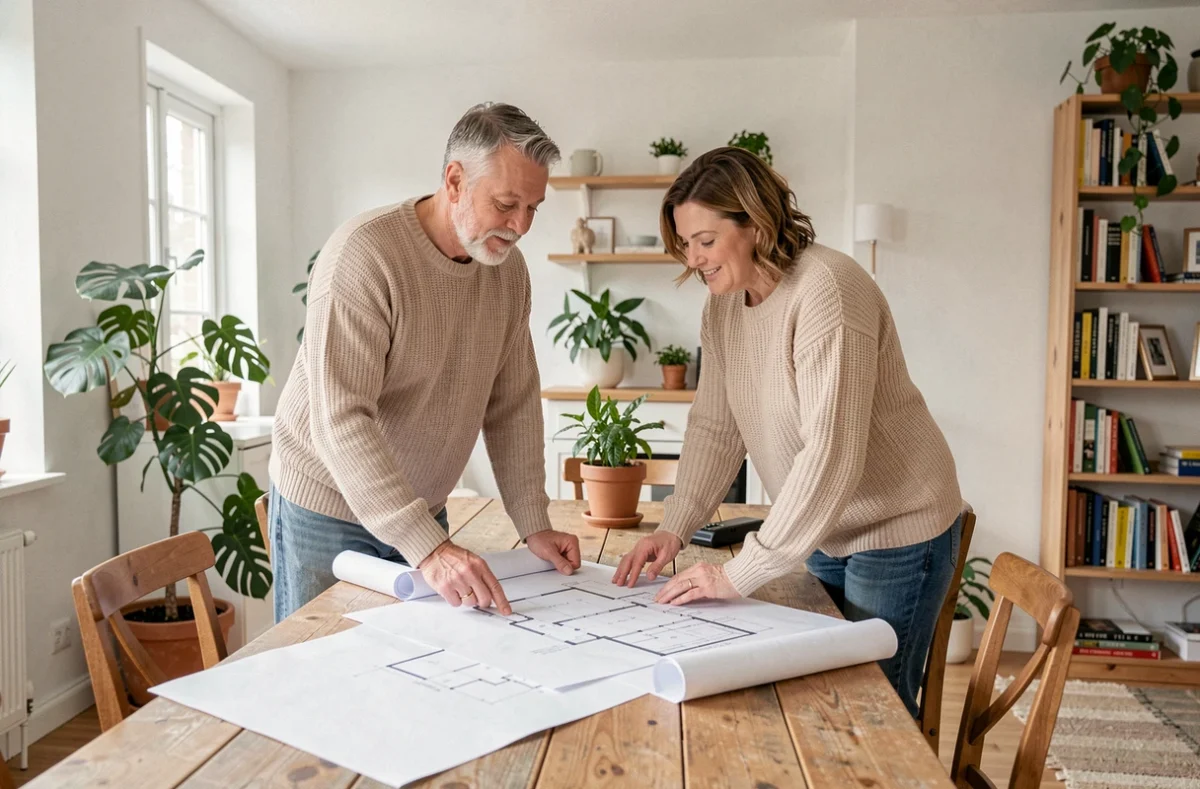 Couple étudiant des plans immobiliers sur une table en bois dans un intérieur scandinave moderne