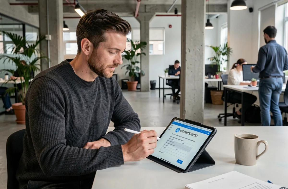 Créateur indépendant enregistrant ses droits d'auteur sur une tablette numérique dans un espace de coworking