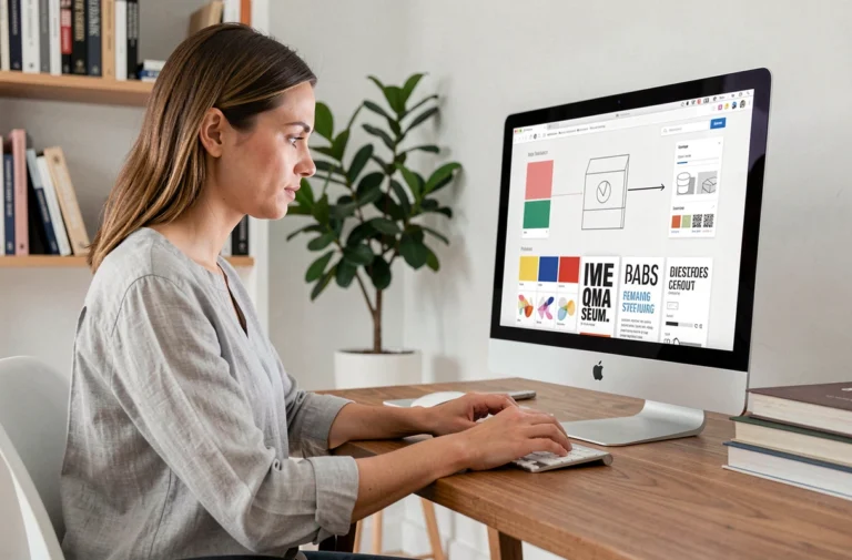 Femme créant un site web professionnel sur un iMac dans un bureau moderne et épuré