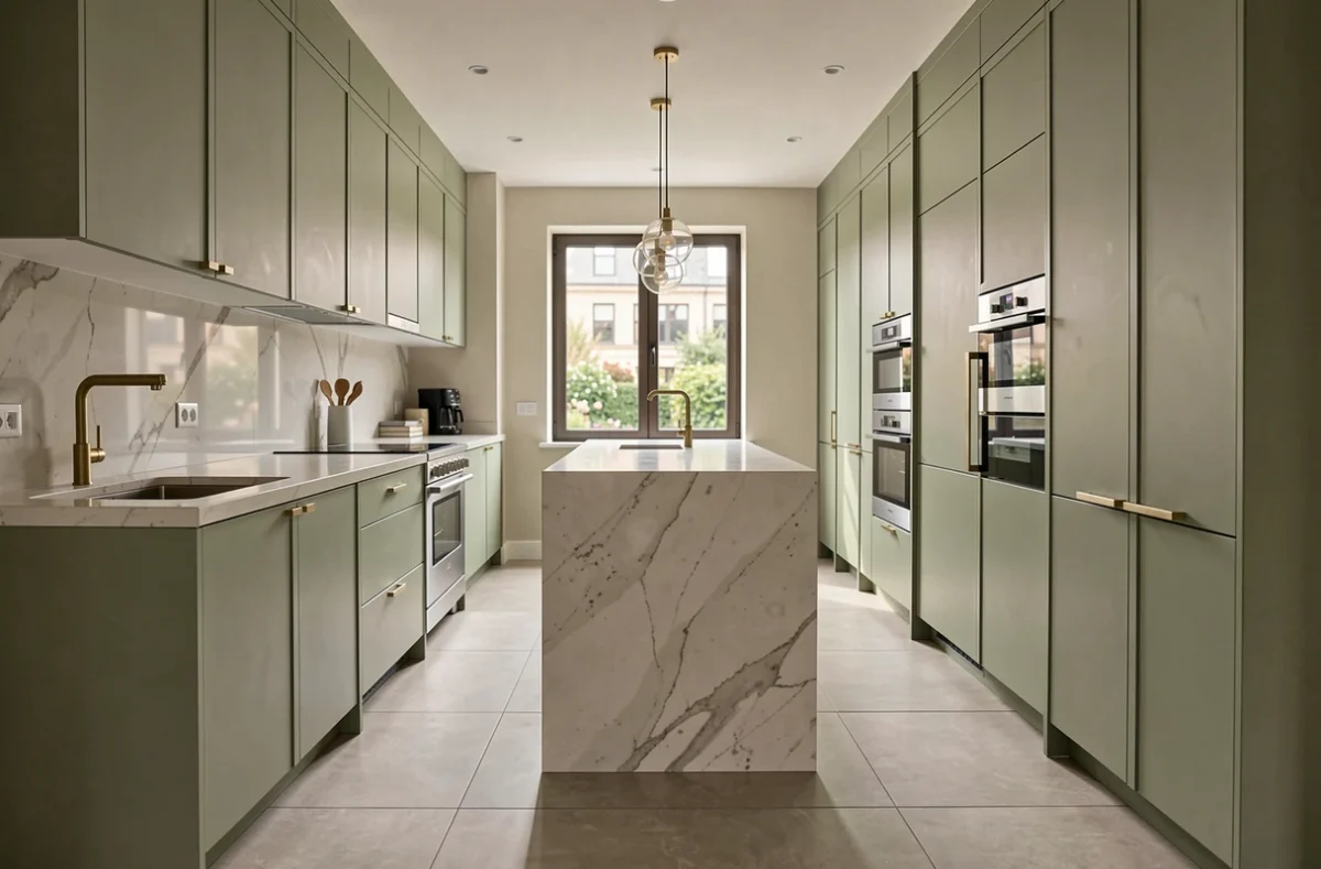 Cuisine design primée aux Trophées de la Maison avec armoires vert sauge et plan de travail en quartz