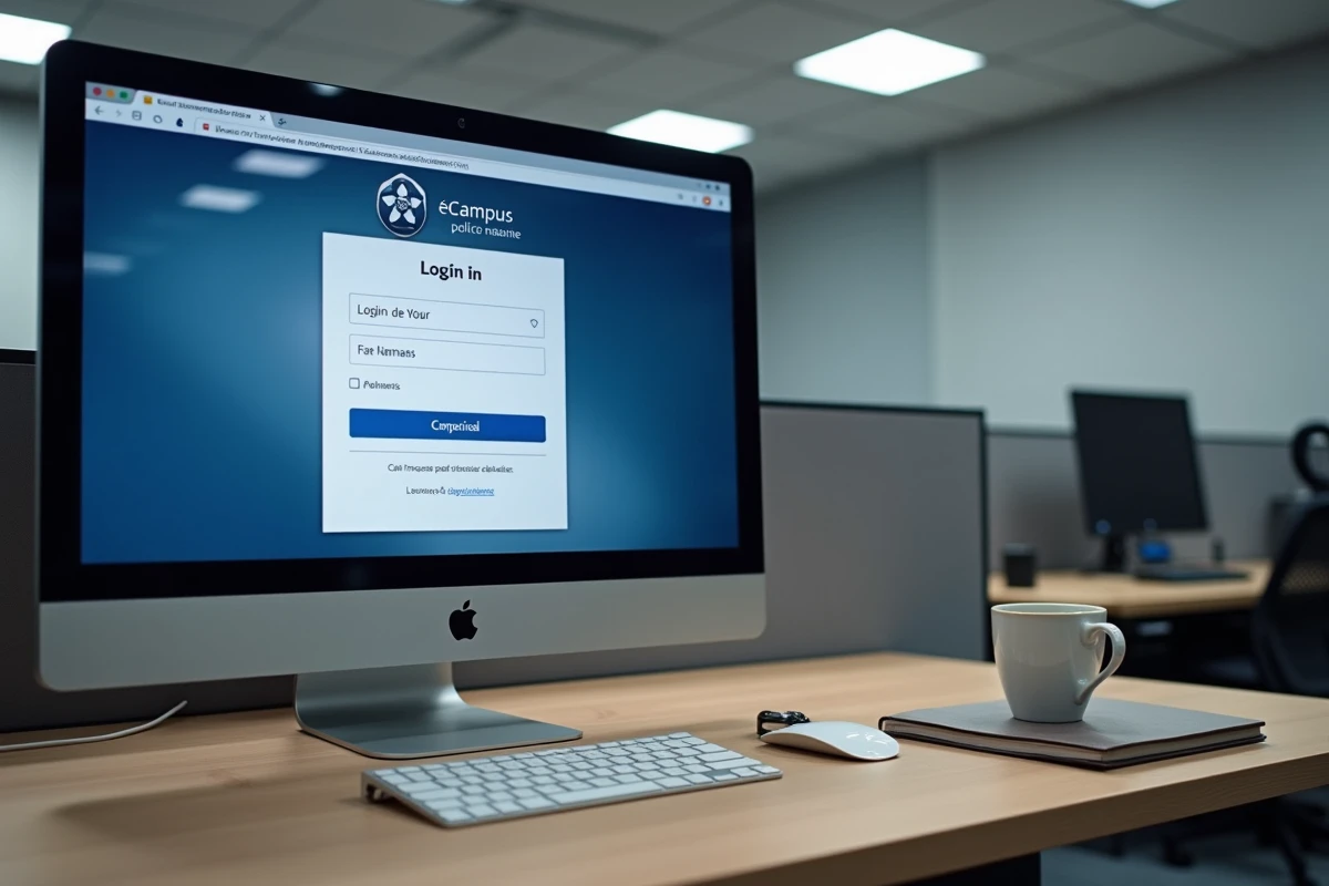 Écran d'ordinateur affichant le portail de formation eCampus de la Police nationale sur un bureau administratif
