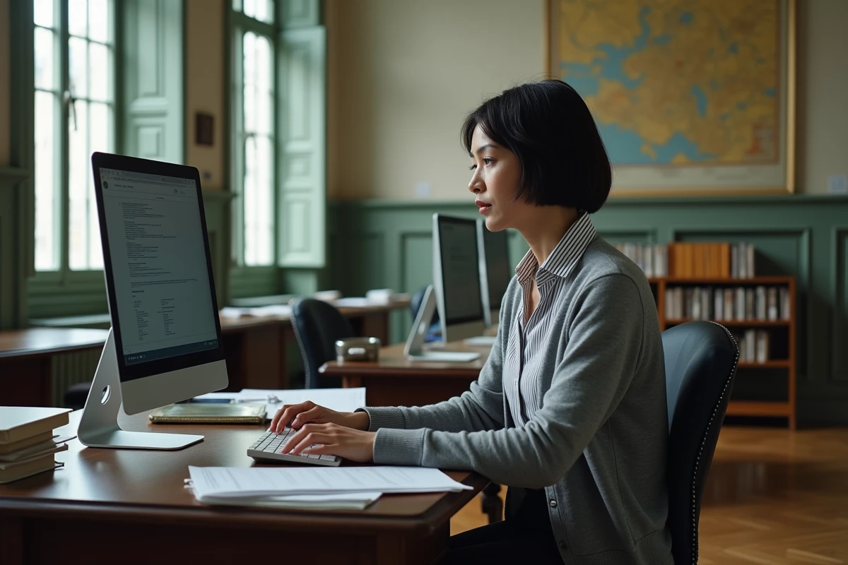 Employée municipale parisienne consultant son compte agent Intraparis sur un ordinateur de bureau dans un bureau administratif
