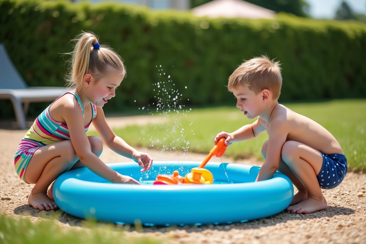Deux enfants jouant avec des jouets gonflables dans un espace récréatif d'un camping Vacaf lors d'un séjour familial en été