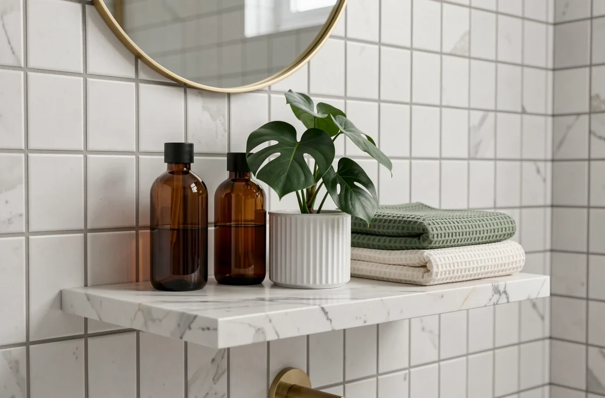 Étagère de salle de bain stylée avec flacons en verre ambré, plante monstera en pot céramique et serviettes en gaufré sauge, carrelage zellige blanc mat, tendances Cherry Déco