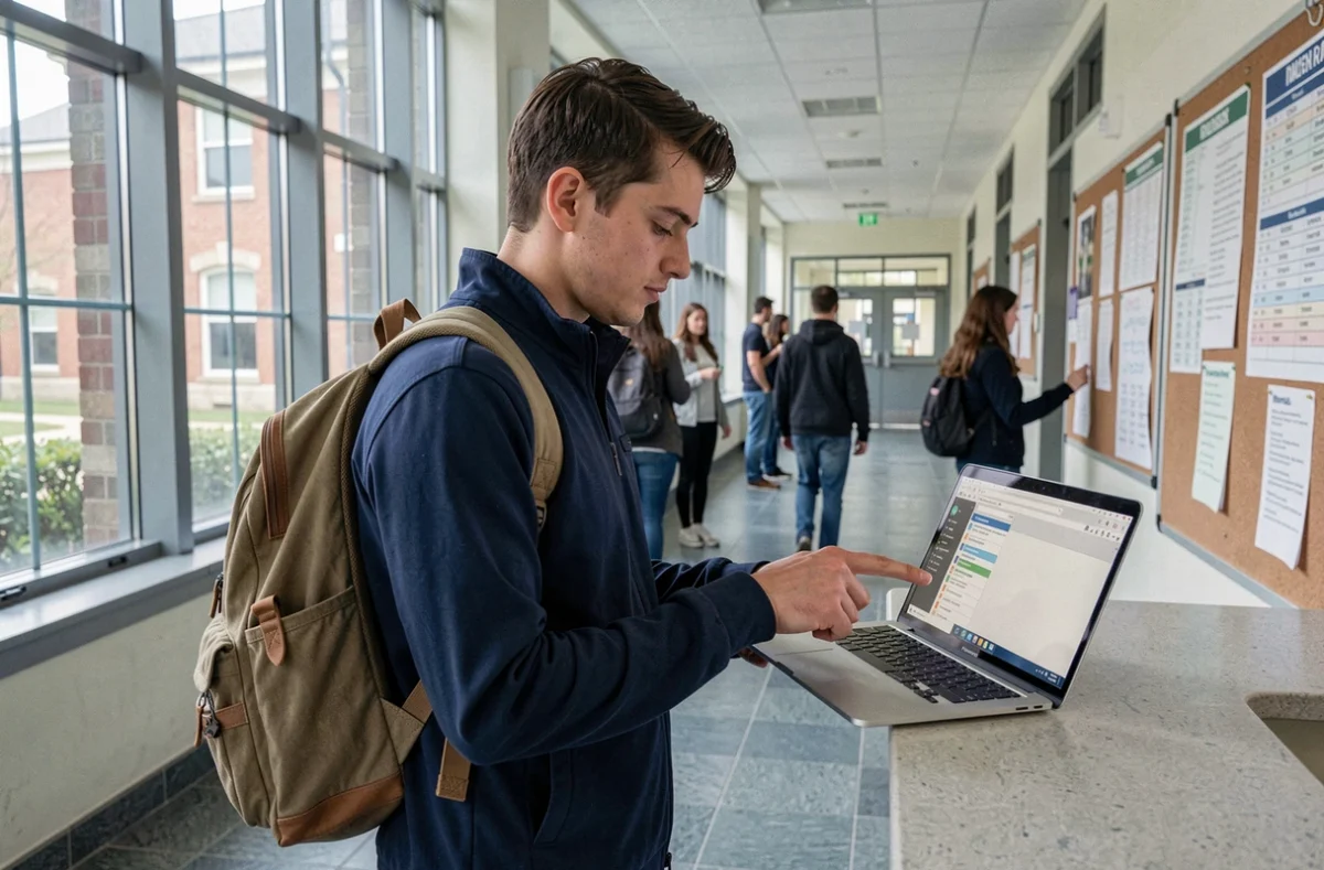 Étudiant consultant son planning de cours sur ordinateur portable dans un couloir de l'Université d'Angers