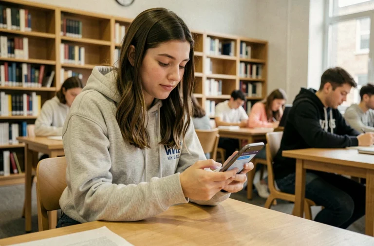 Étudiante consultant son emploi du temps universitaire sur smartphone dans une bibliothèque universitaire d'Angers