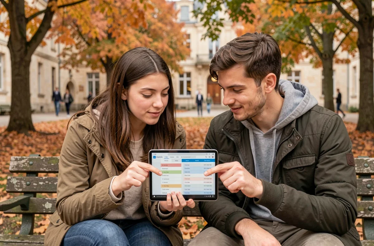 Deux étudiants consultant ensemble un emploi du temps universitaire sur tablette en extérieur sur le campus d'Angers