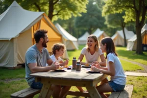 Famille de quatre personnes partageant un repas autour d'une table en bois devant leur tente dans un camping agréé Vacaf en France