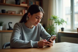 Femme consultant l'actualité locale et nationale sur son smartphone dans un appartement cosy