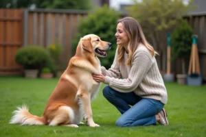 Femme souriante entraînant un chiot assis dans le jardin