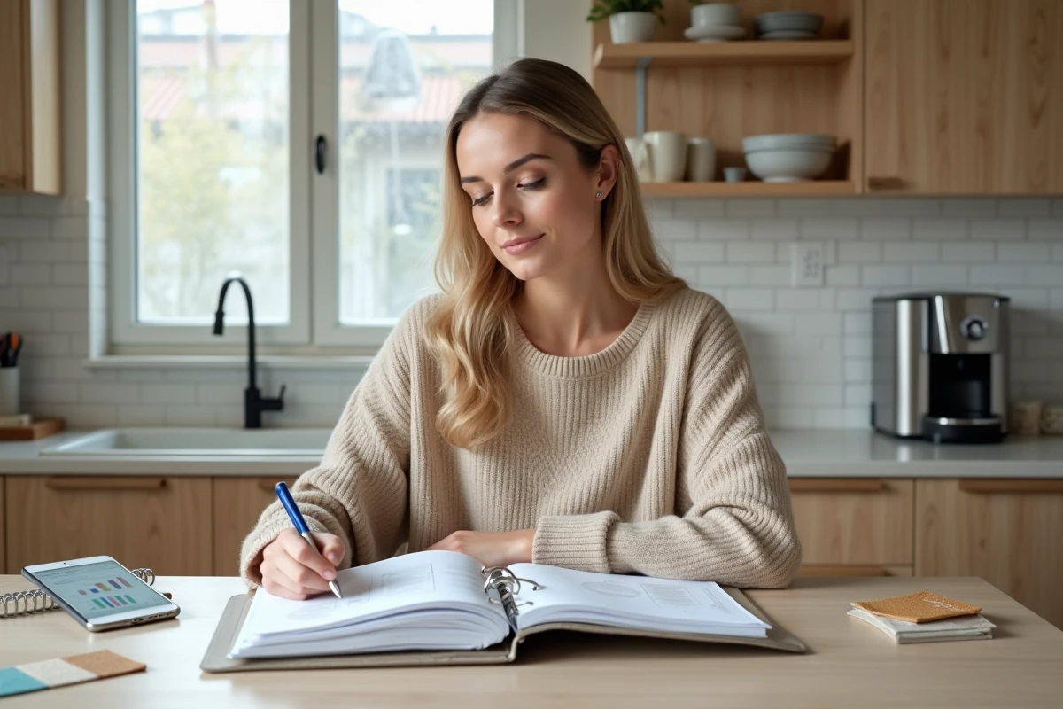 Femme consultant un dossier de projet de construction maison avec des échantillons de matériaux dans une cuisine moderne
