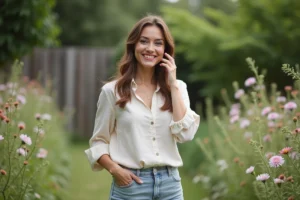 Femme souriante dans un jardin fleuri en extérieur