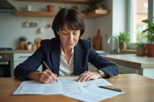 Femme d'âge moyen lisant un document d'assurance à la maison