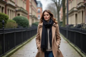 Femme en manteau beige marche dans une rue calme
