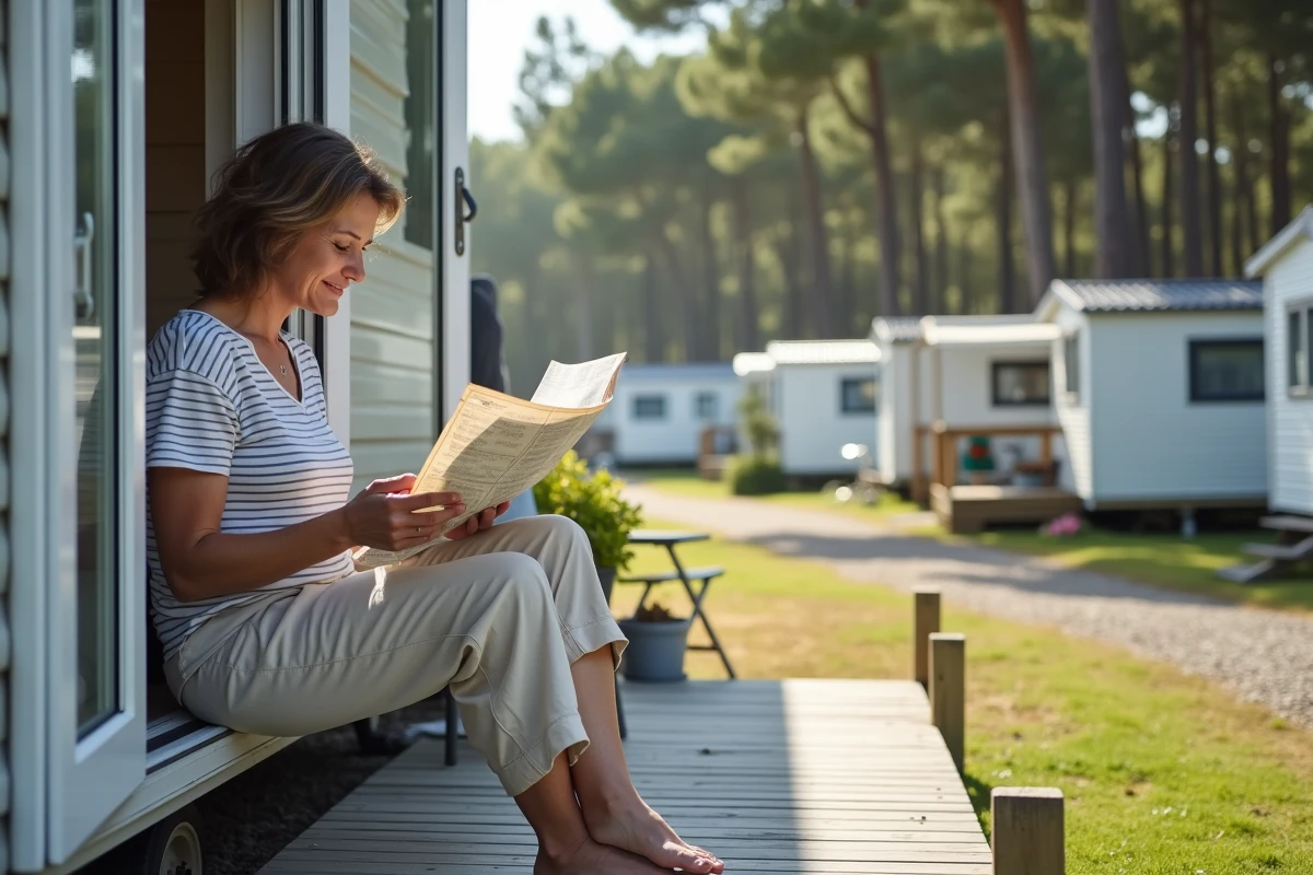 Femme consultant une brochure d'activités sur la terrasse d'un mobil-home dans un camping agréé Vacaf pour organiser des vacances en famille