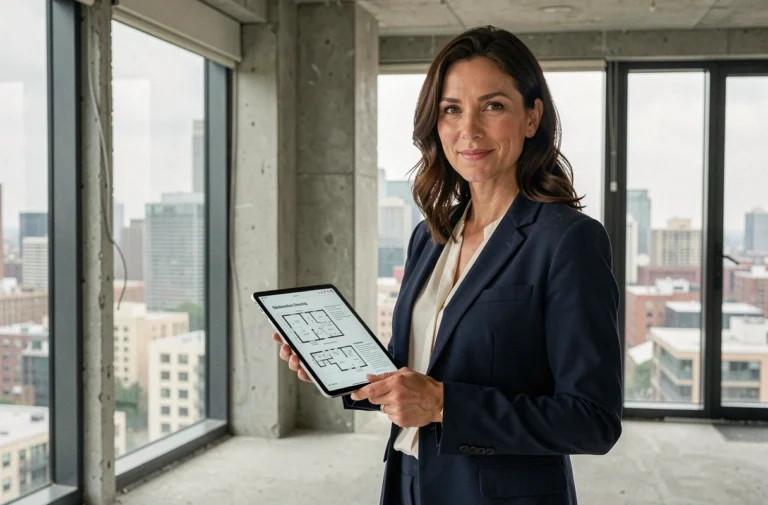 Femme professionnelle tenant une tablette avec des plans immobiliers dans un appartement en rénovation avec vue sur la ville