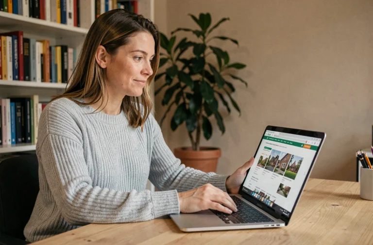 Femme consultant une plateforme immobilière belge sur son ordinateur portable depuis son bureau à domicile