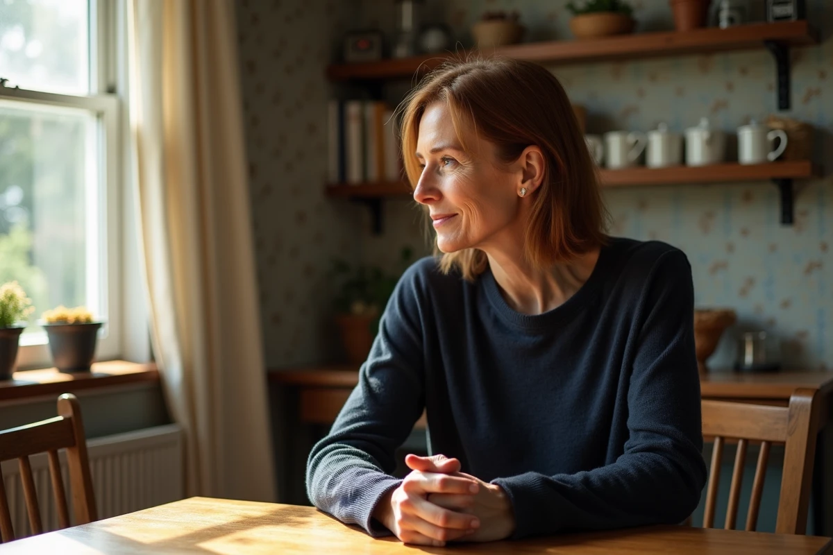 Femme assise à une table en cuisine lumineuse et chaleureuse