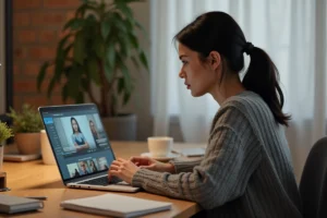 Femme naviguant sur un site de streaming légal depuis son ordinateur portable à domicile en 2026