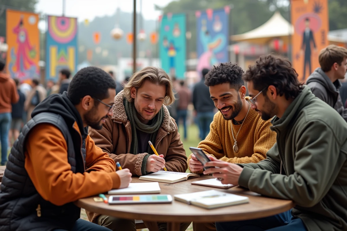 Groupe de personnes au festival culturel urbain explorant les tendances artistiques et musicales de l'année