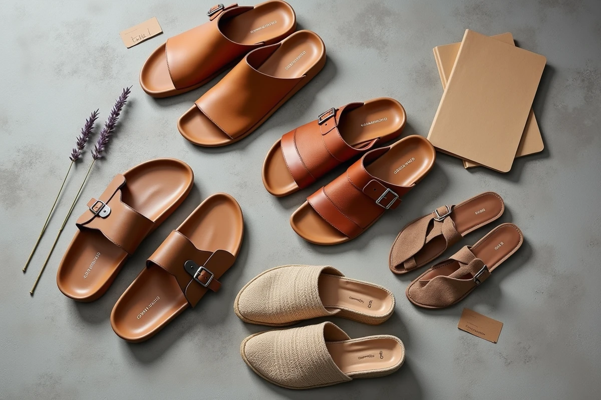 Comparatif flat-lay de cinq alternatives aux sandales Birkenstock sur béton brut, guide d'achat sandales confortables 2025